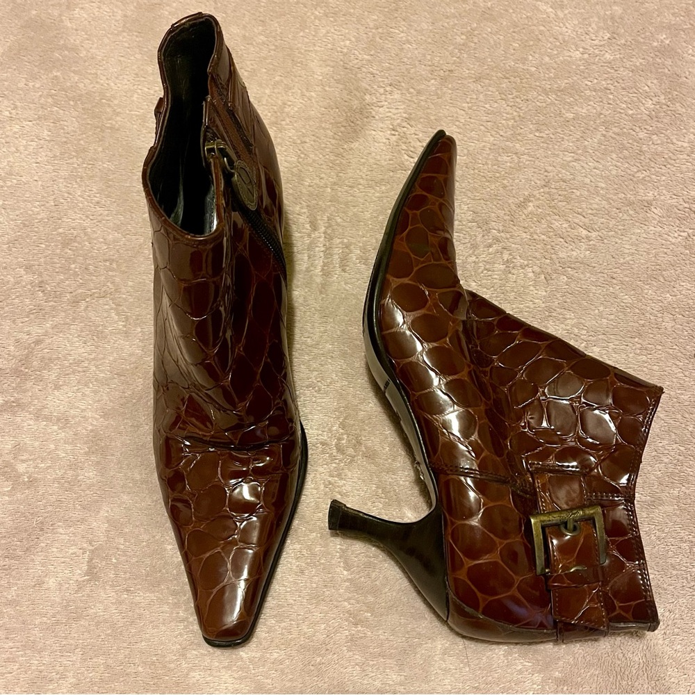 Donald J. Pliner Loni Croco Patent Leather Kitten Heel Bootie with Buckle